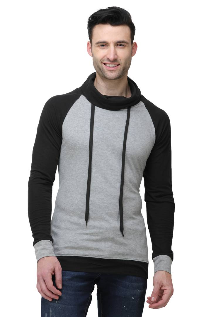 Men's Grey Cotton Blend Self Pattern High Neck Tees - SVB Ventures